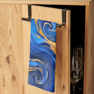 Danse Royale Rich Royal Blue Gold Flowing Abstract Kitchen Towel