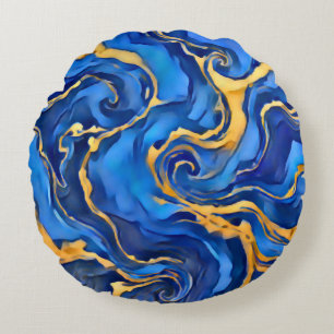 Danse Royale Rich Royal Blue Gold Flowing Abstract Round Pillow