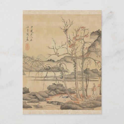 Daoist and Crane in Autumn Landscape by Hongshou Postcard