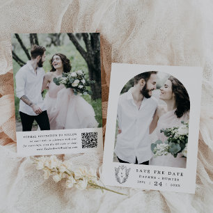 DAPHNE Black White Floral Crest Minimalist Wedding Save The Date