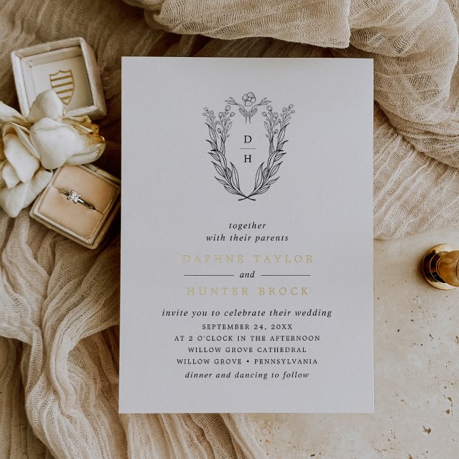 DAPHNE Black White Gold Monogram Greenery Wedding Foil Invitation (DAPHNE Black White Gold Monogram Greenery Wedding Foil Invitation)