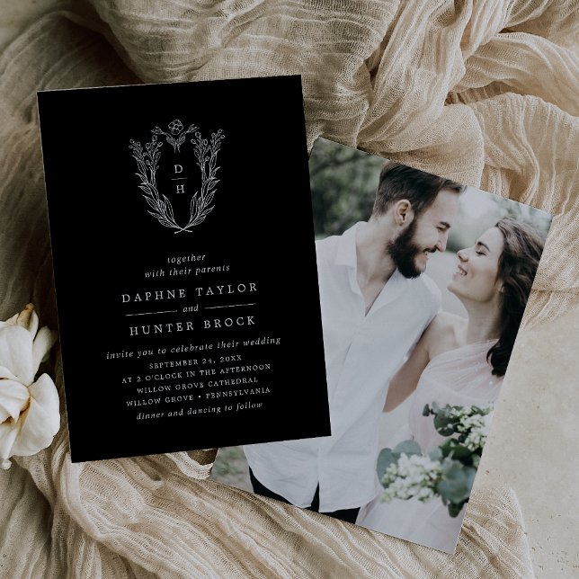 DAPHNE Botanical Dark Black Elegant Photo Wedding Invitation (DAPHNE Botanical Dark Black Elegant Photo Wedding Invitation)
