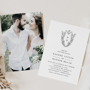 DAPHNE Classic Black White Floral Photo Wedding Invitation