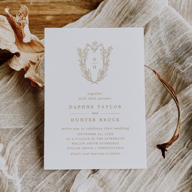DAPHNE Crest Gold White Simple Botanical Wedding Invitation (DAPHNE Crest Gold White Simple Botanical Wedding Invitation)