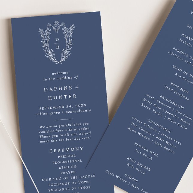 DAPHNE Dark Blue Botanical Minimalist Navy Wedding Program (DAPHNE Dark Blue Botanical Minimalist Navy Wedding Program)