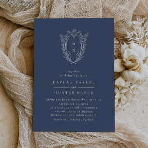 DAPHNE Dark Blue Silver Foil Botanical Wedding Invitation