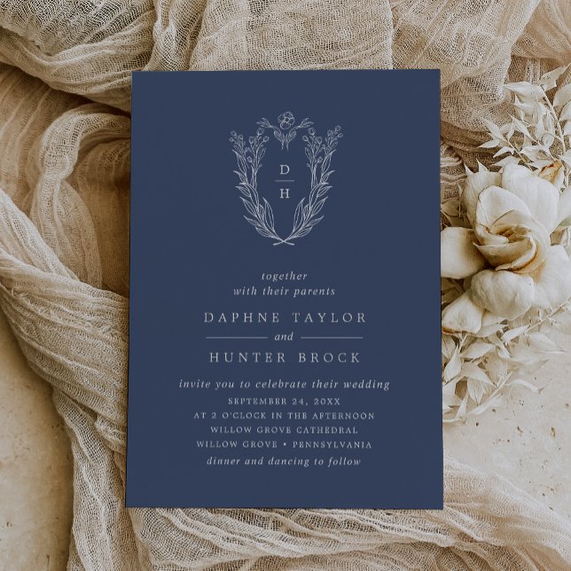 DAPHNE Dark Blue Silver Foil Botanical Wedding Invitation (DAPHNE Dark Blue Silver Foil Botanical Wedding Foil Invitation)