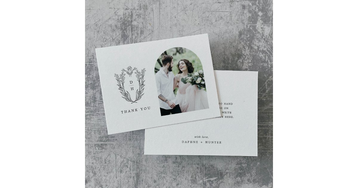 DAPHNE Flat Black White Minimalist Photo Wedding Thank You Card | Zazzle