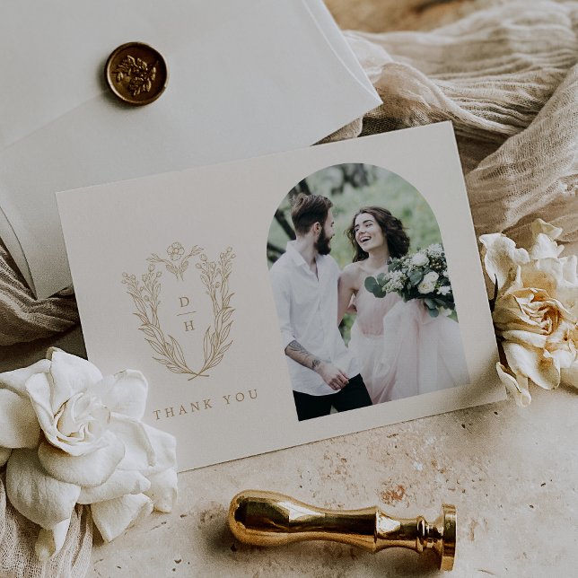 DAPHNE Flat Botanical Cream Gold Photo Wedding Thank You Card (DAPHNE Flat Botanical Cream Gold Photo Wedding Thank You Card)