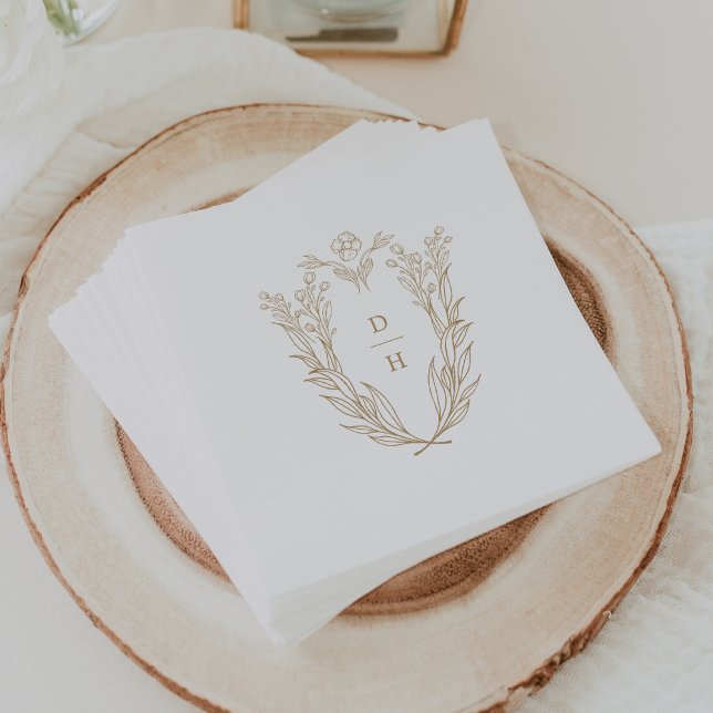DAPHNE Floral Gold White Chic Classy Crest Wedding Napkins (DAPHNE Floral Gold White Chic Classy Crest Wedding Napkins)