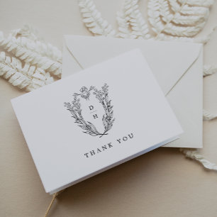 DAPHNE Folded Classic Black White Floral Wedding Letterpress Thank You Card
