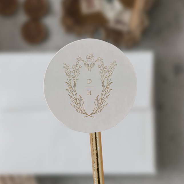 DAPHNE Formal Cream Gold Classic Wedding Monogram Round Sticker (DAPHNE Formal Cream Gold Classic Wedding Monogram Classic Round Sticker)