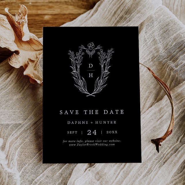 DAPHNE Formal Dark Black Classic Floral Wedding Save The Date (DAPHNE Formal Dark Black Classic Floral Wedding Save The Date)