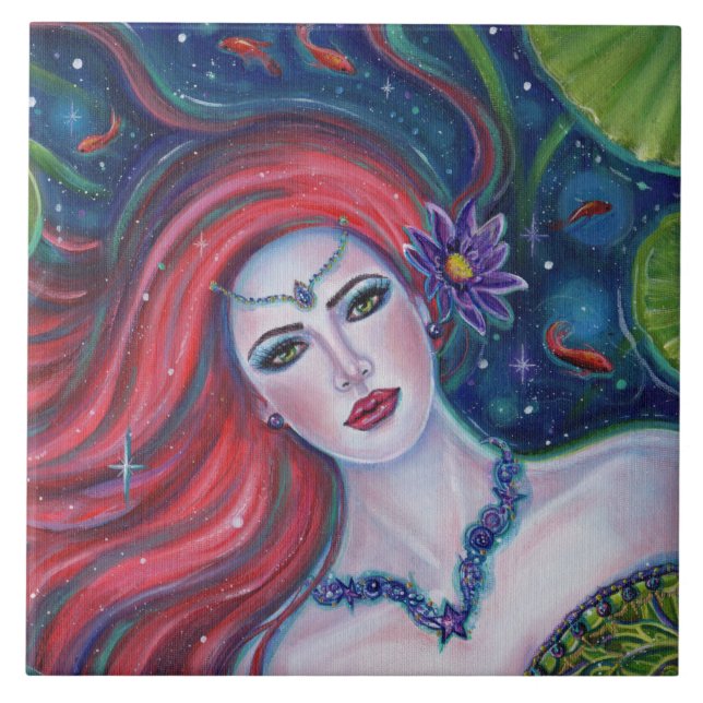 Daphne mermaid with lotus by Renee Lavoie Ceramic Tile (Front)