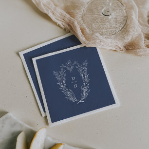 DAPHNE Modern Dark Blue White Botanical Wedding Napkins