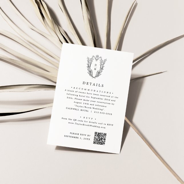 DAPHNE Monogram Black White Simple Wedding Details Enclosure Card (DAPHNE Monogram Black White Simple Wedding Details Enclosure Card)