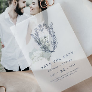 DAPHNE Navy Blue Minimalist Wedding Save The Date Vellum Invitations
