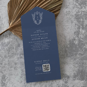 DAPHNE QR Code Dark Blue Minimalist Floral Wedding All In One Invitation