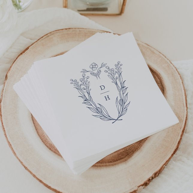 DAPHNE White Blue Elegant Navy Botanical Wedding Napkins (DAPHNE White Blue Elegant Navy Botanical Wedding Napkins)
