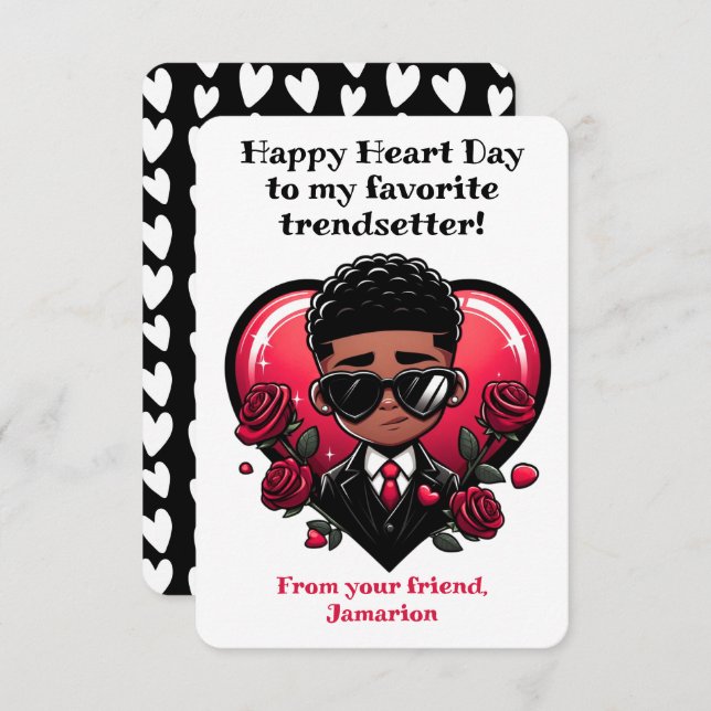 Dapper African American Boy Classroom Valentine Thank You Card (Front/Back)