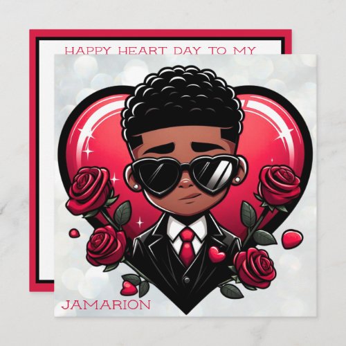 Dapper African American Boy Red Heart Valentine Card