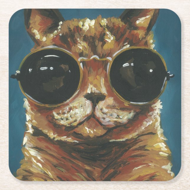Dapper Animal | Kitty In Sunglasses Square Paper Coaster (Front)