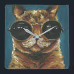 Dapper Animal | Kitty In Sunglasses Square Wall Clock<br><div class="desc">This print features a brown kitty in round sunglasses | By Jennifer Rutledge</div>