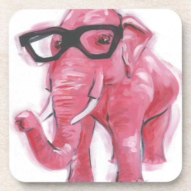 Dapper Animal | Pink Elephant In Eyeglasses Beverage Coaster (Front)
