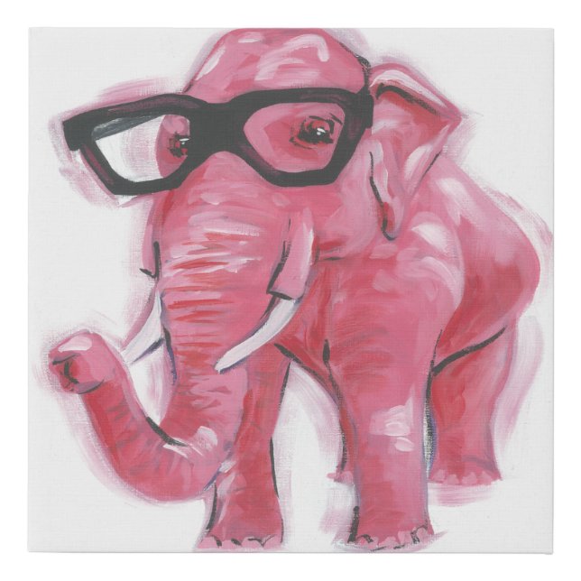 Dapper Animal | Pink Elephant In Eyeglasses Faux Canvas Print (Front)