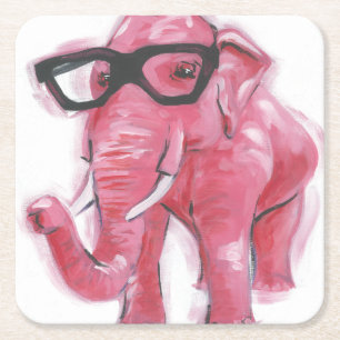 Dapper Animal Pink Elephant In Eyeglasses Square Paper Coaster
