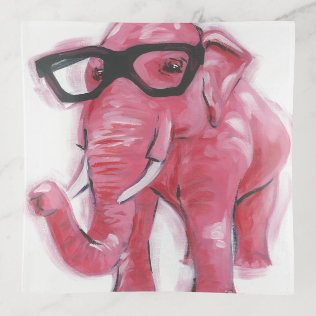 Dapper Animal | Pink Elephant In Eyeglasses Trinket Tray (Front)