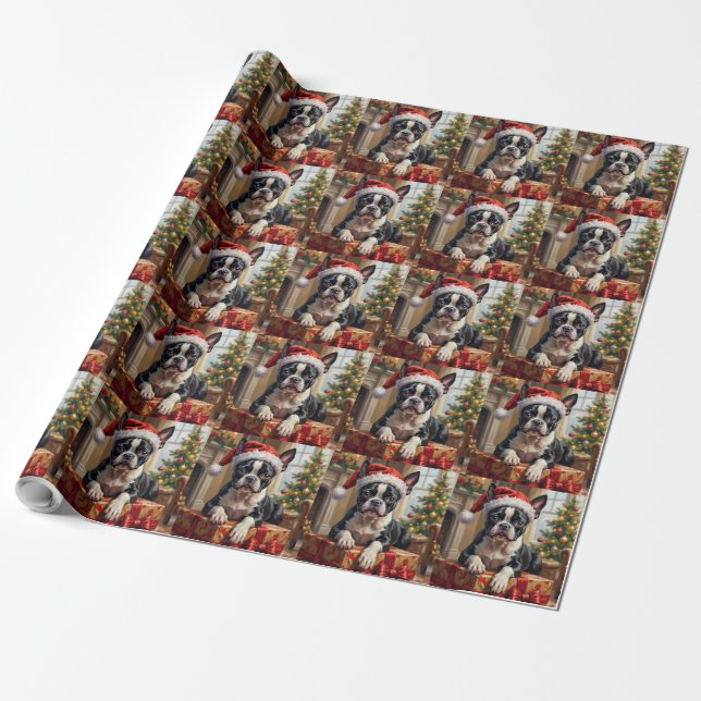 Dapper Boston Terrier Dog Christmas Gift Wrapping Paper (Unrolled)