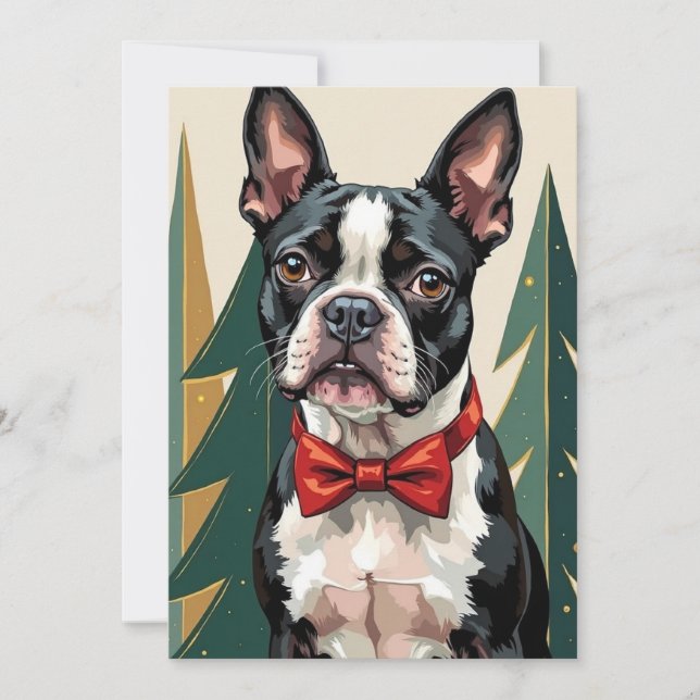Dapper Boston Terrier Tuxedo Modern Christmas Art Holiday Card (Front)