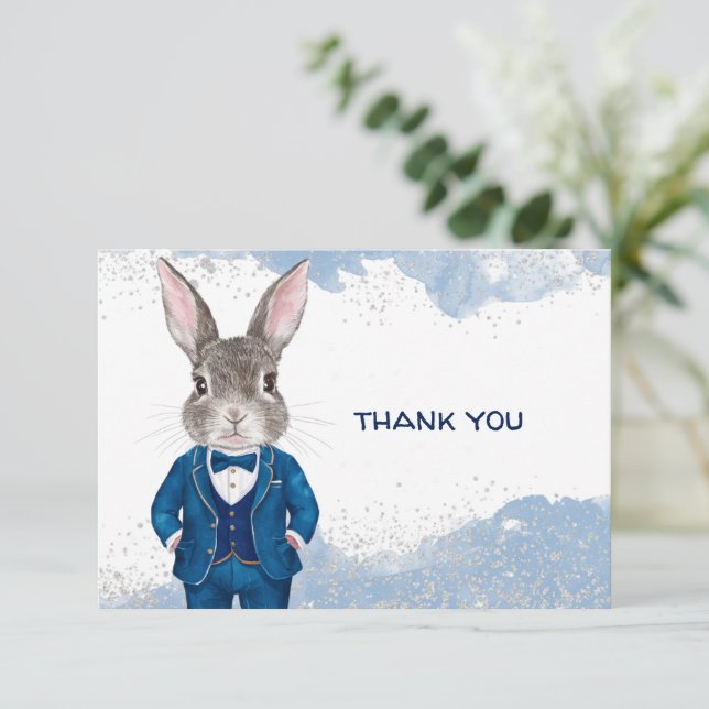 Dapper Boy Bunny in Blue Suit and Bow Tie Thank You Card (Standing Front)