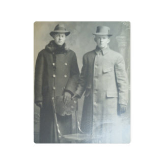 Dapper Brothers in Overcoats RPPC B&W Photo Image Metal Print