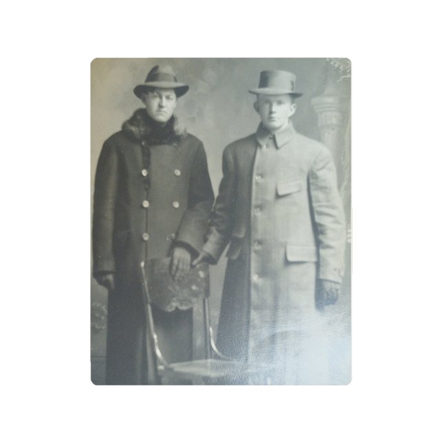 Dapper Brothers in Overcoats RPPC B&W Photo Image Metal Print (Front)