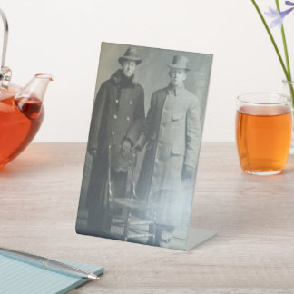 Dapper Brothers in Overcoats RPPC B&W Photo Image Pedestal Sign