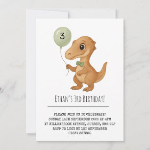 Dapper Brown Dino with Green Bow Tie Birthday Invitation