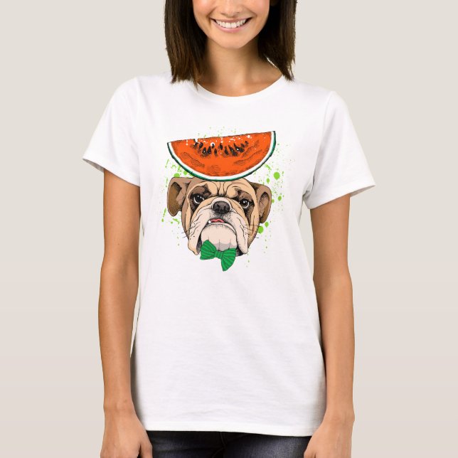 Dapper Bulldog with Watermelon Hat & Green Bow Tie T-Shirt (Front)