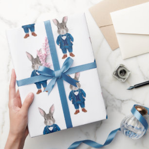 Dapper Bunny in a Blue Bowtie and Suit Party Wrapping Paper