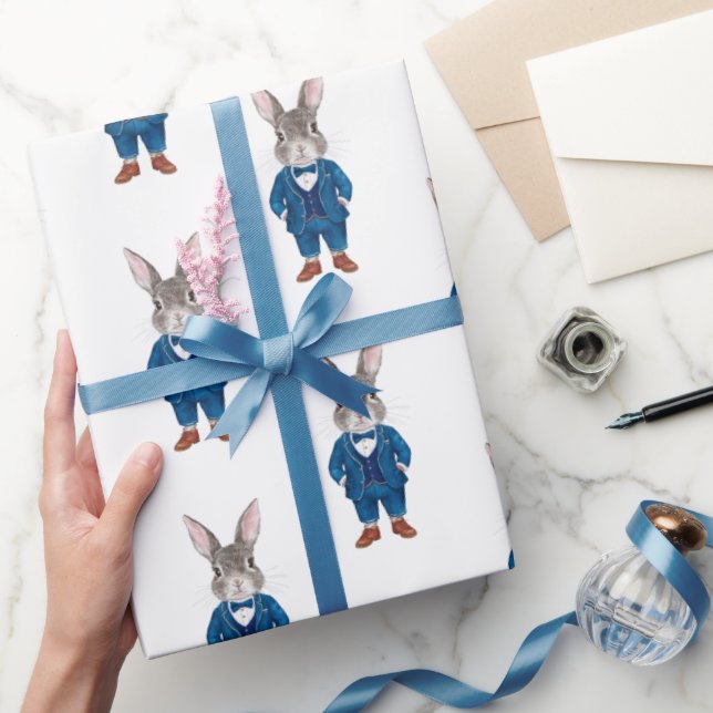 Dapper Bunny in a Blue Bowtie and Suit Party Wrapping Paper (Gifting)