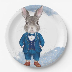 Dapper Bunny in a Blue Suit Boy and Bowtie Birthda Paper Plates