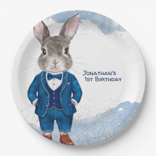 Dapper Bunny in a Blue Suit Boy and Bowtie Birthda Paper Plates