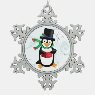 Dapper Caroling Penguin Snowflake Pewter Christmas Ornament