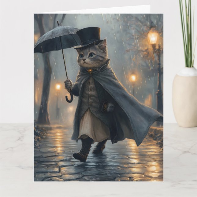 Dapper Cat Strolling in the Rain with an Umbrella Card (Front)