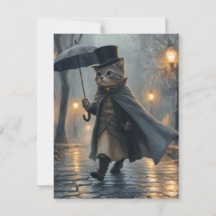 Dapper Cat Strolling in the Rain with an Umbrella Postcard