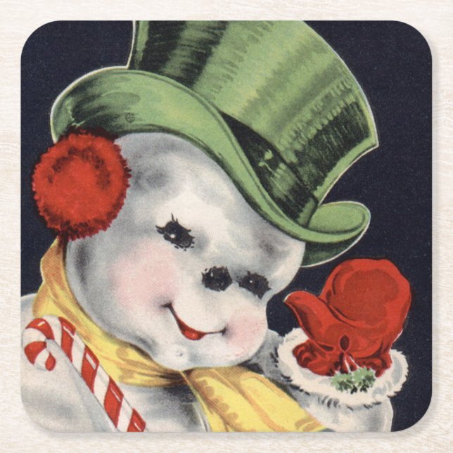 Dapper Christmas Snowman Square Paper Coaster (Front)