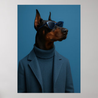 Dapper Doberman in Blue Turtleneck and Sunglasses Poster