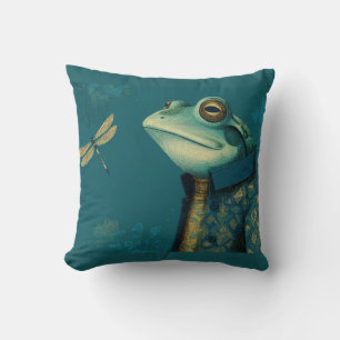 Dapper Frog & Dragonfly - Surreal Vintage Animal  Throw Pillow