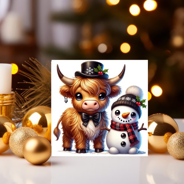 Dapper Highland Cow with Snowman Friend Holiday Card (Creator Uploaded)